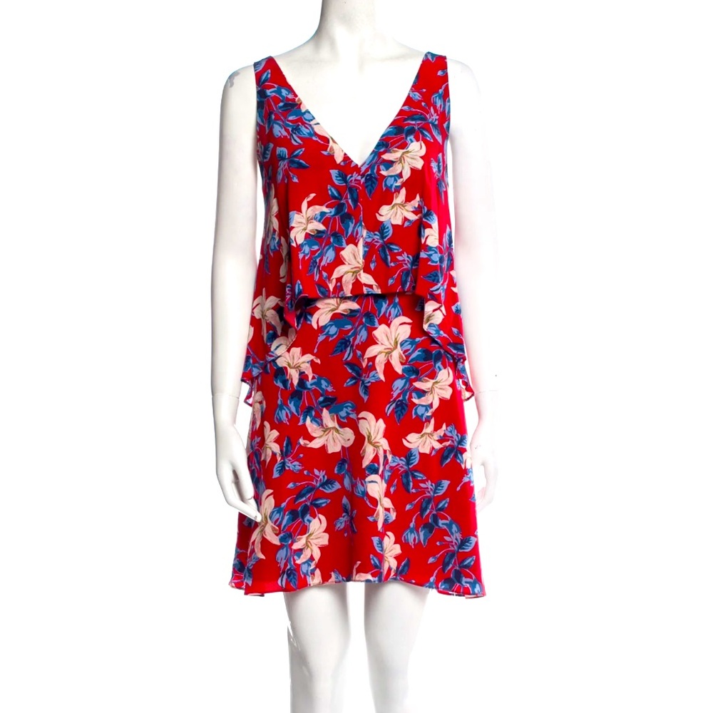 Intermix Silk Lisette Mini Dress, Red Tropical Floral w/ cutout back, Sz SP